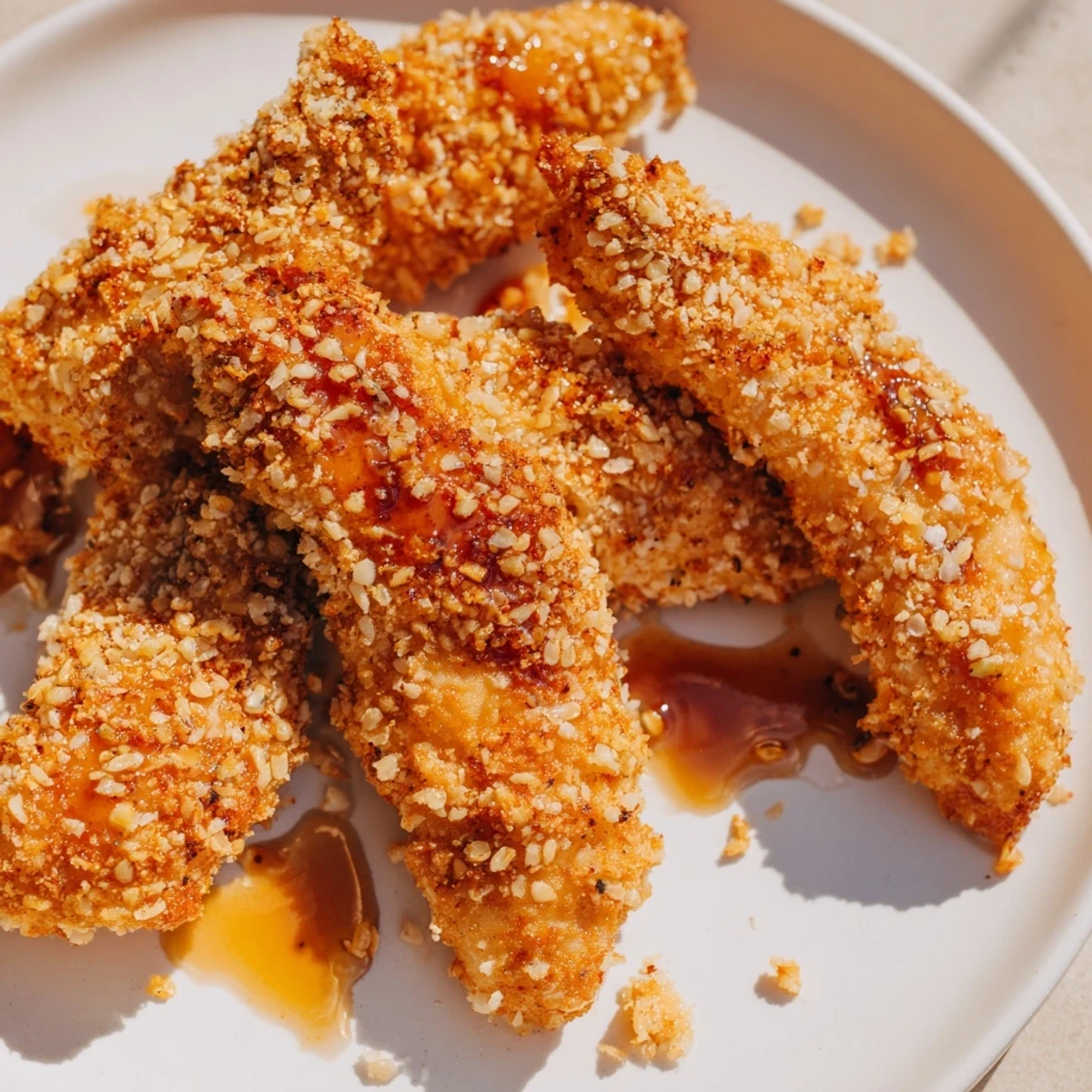 Golden-brown Crispy Panko Chicken Tenders, drizzled with fiery hot honey, ready to savor.