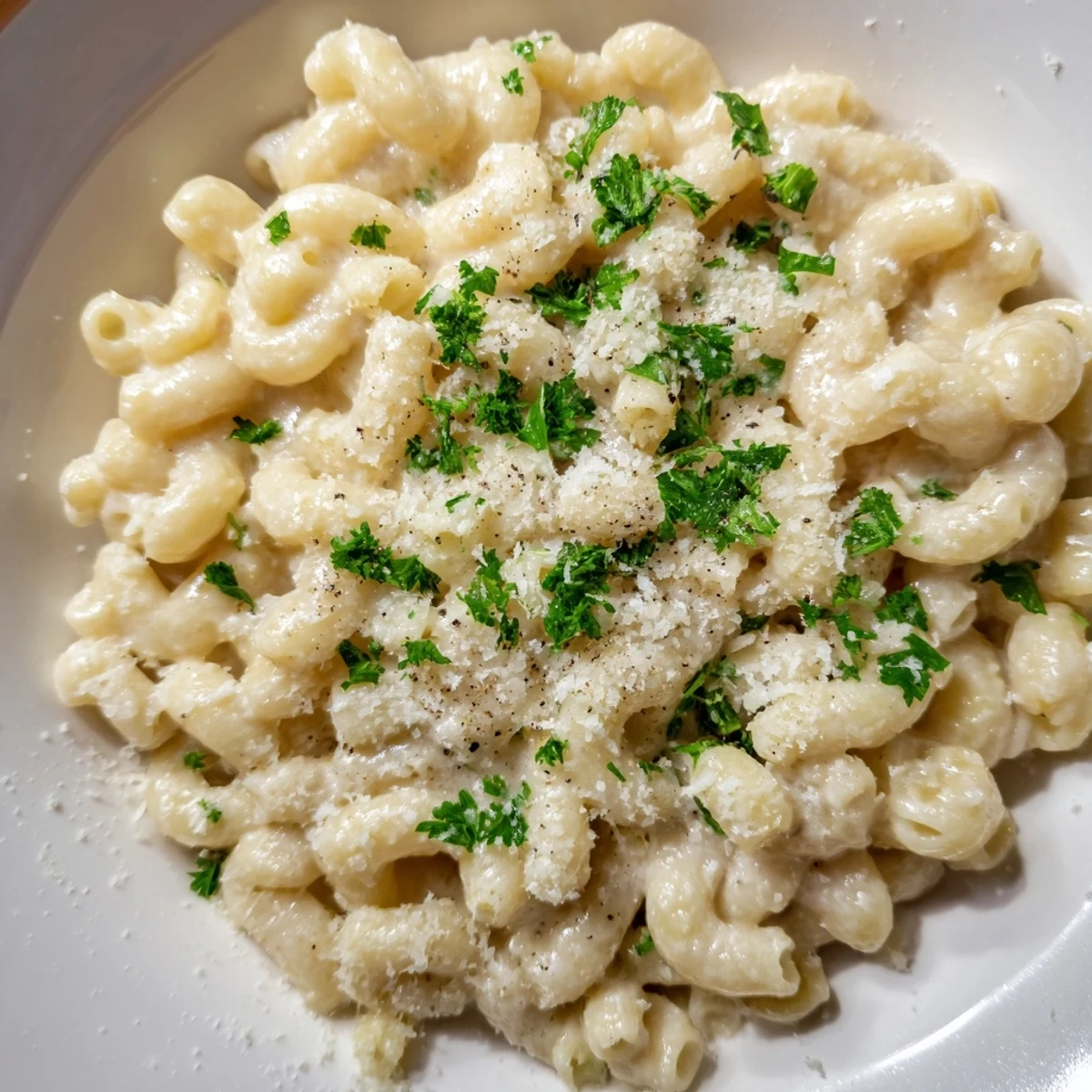A close-up of steaming ditalini pasta with aromatic garlic cream sauce and Parmesan cheese.