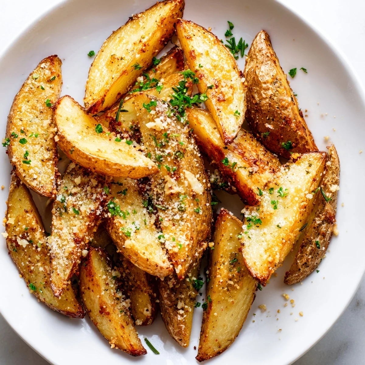 Golden-brown Rosemary Parmesan Potato Wedges sprinkled with fresh parsley, ready to serve as a side.