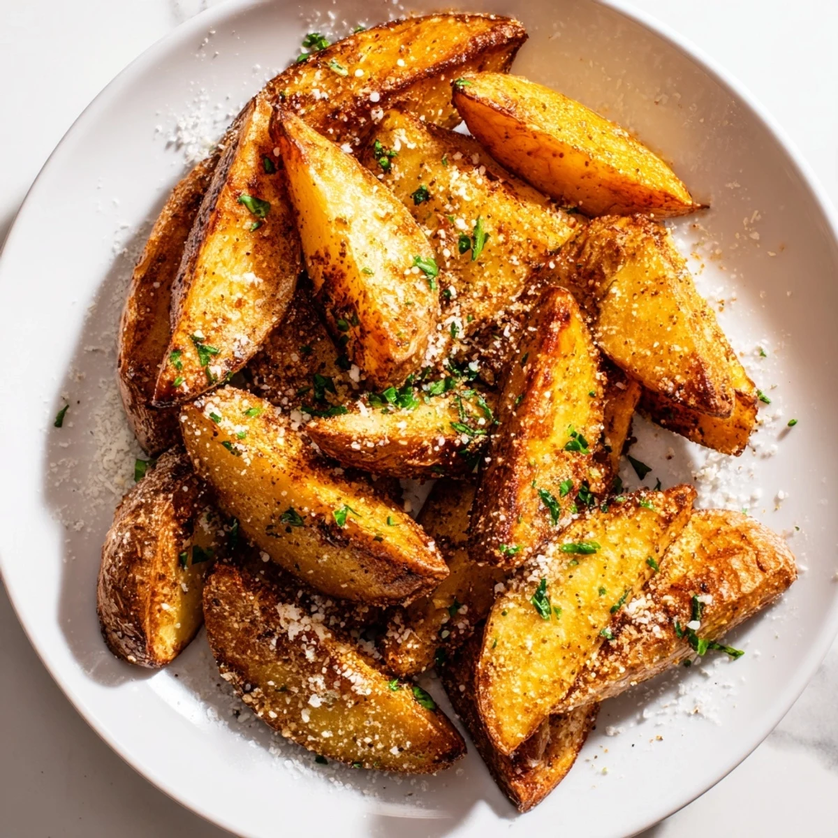 A close-up of Rosemary Parmesan Potato Wedges, showing the cheese and herbs enhancing delicious flavor.
