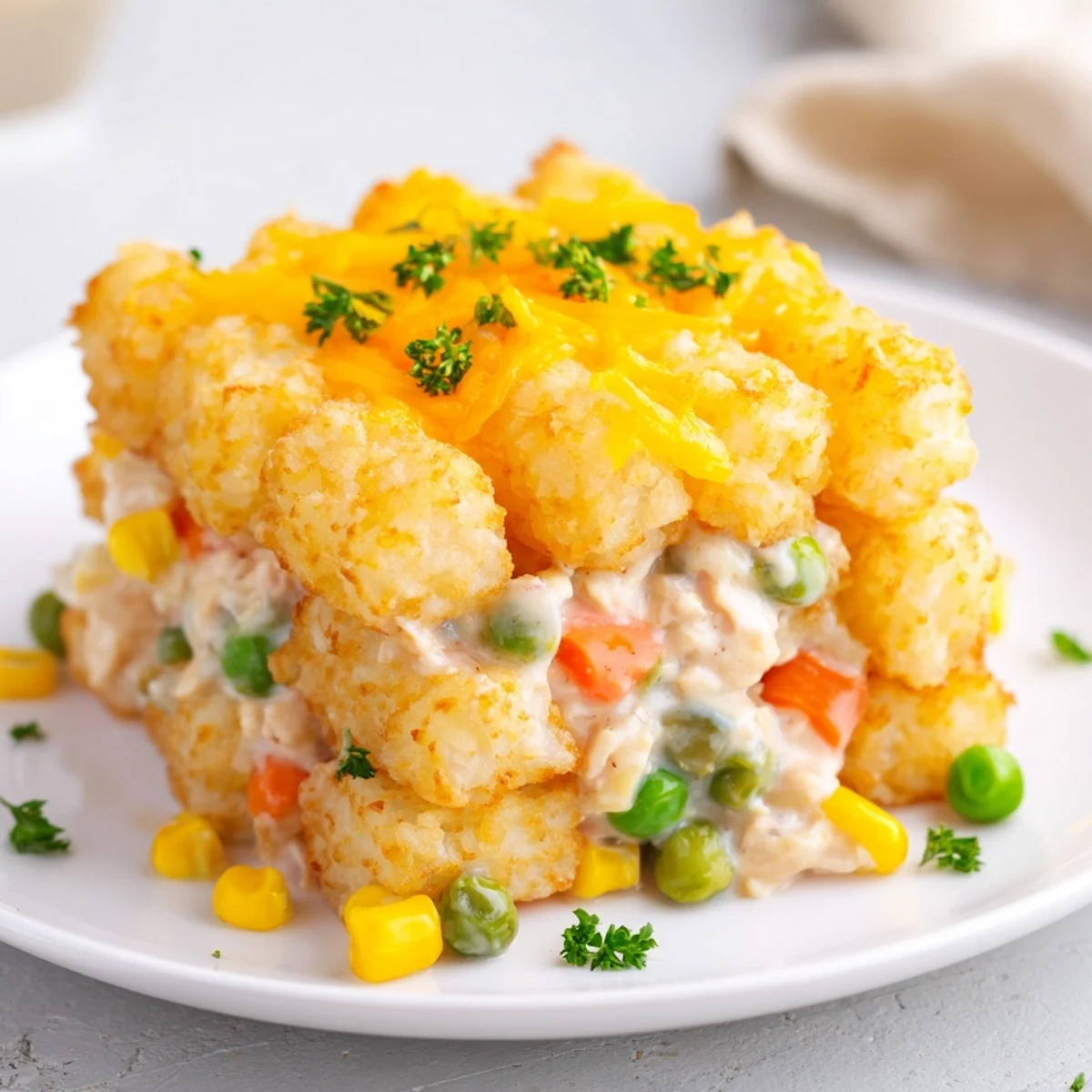 A close-up of piping hot Crispy Tater Tot Casserole, with golden tots and a savory chicken filling, delicious!