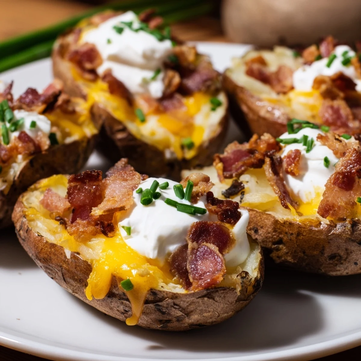 Golden, crispy Loaded Baked Potato Skins, generously filled with melted cheese and bacon crumbles.