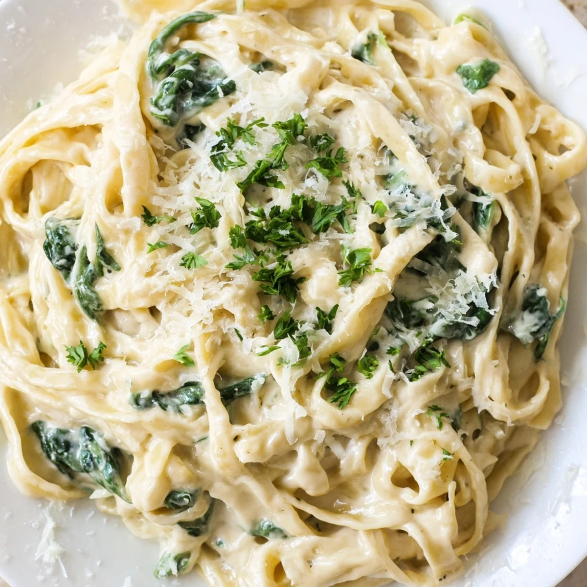 Freshly made Creamy Spinach Fettuccine Alfredo, served hot, with a sprinkle of extra Parmesan on top.