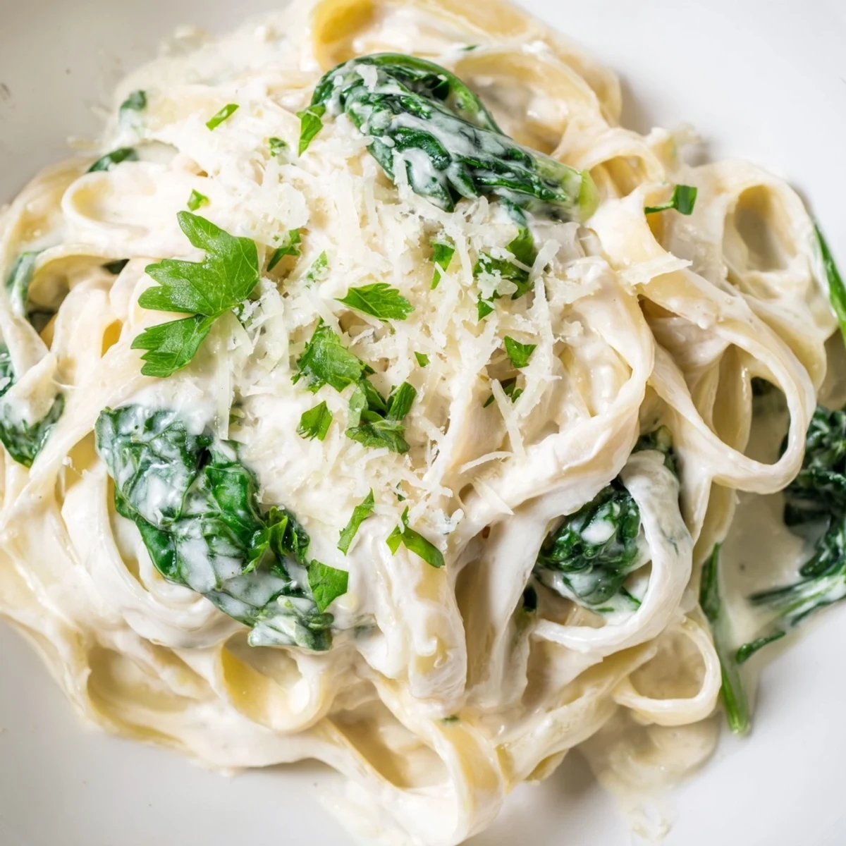 Creamy Spinach Fettuccine Alfredo: A beautiful plate of pasta with spinach swirls, ready to eat.