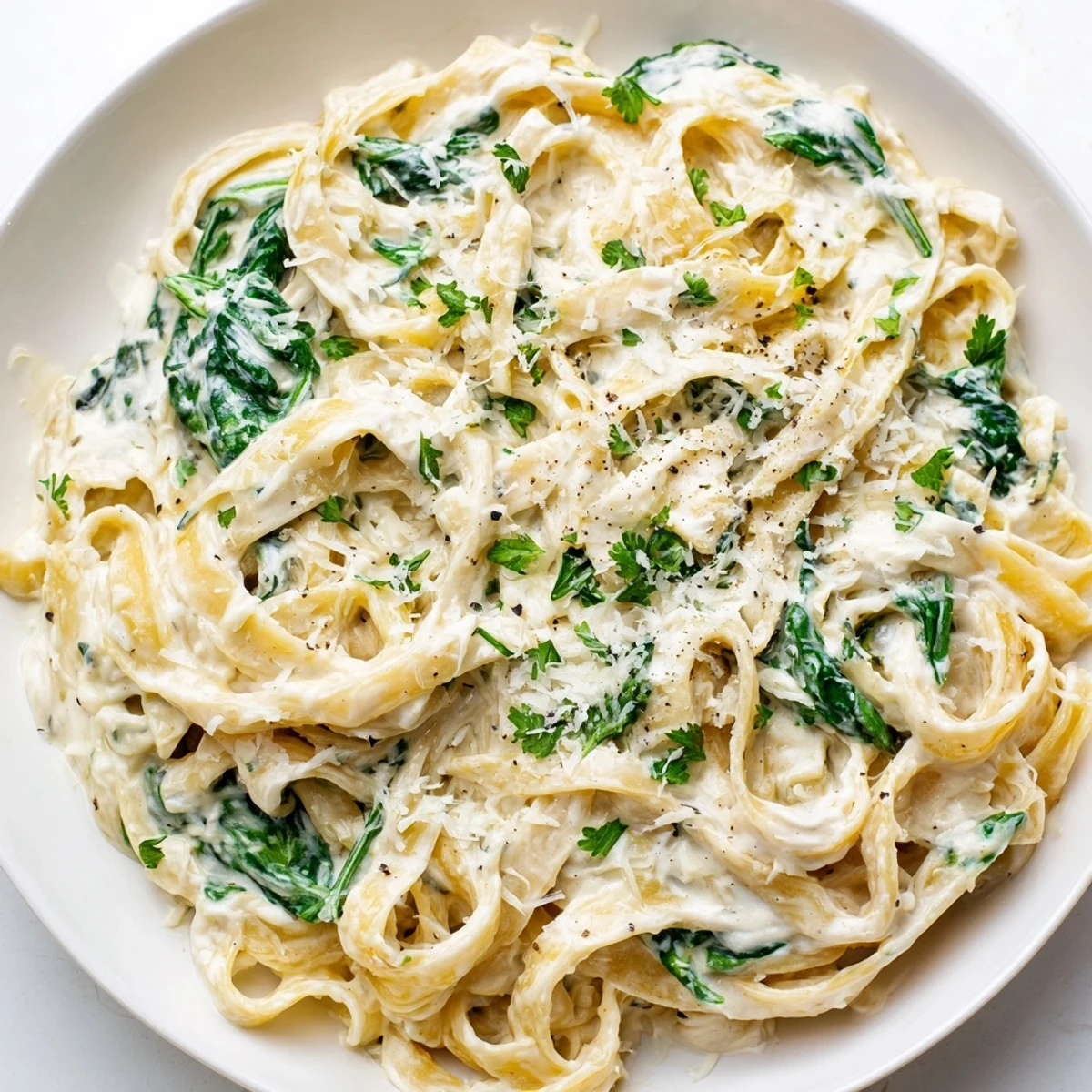 Tender fettuccine coated in rich, creamy Alfredo sauce with wilted spinach; our favorite recipe.