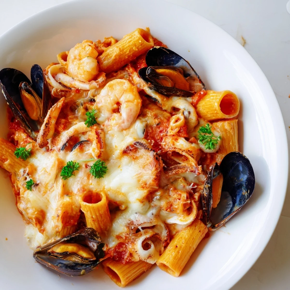 Steaming seafood pasta bake, a bubbly casserole topped with melted, golden cheese and fresh parsley.