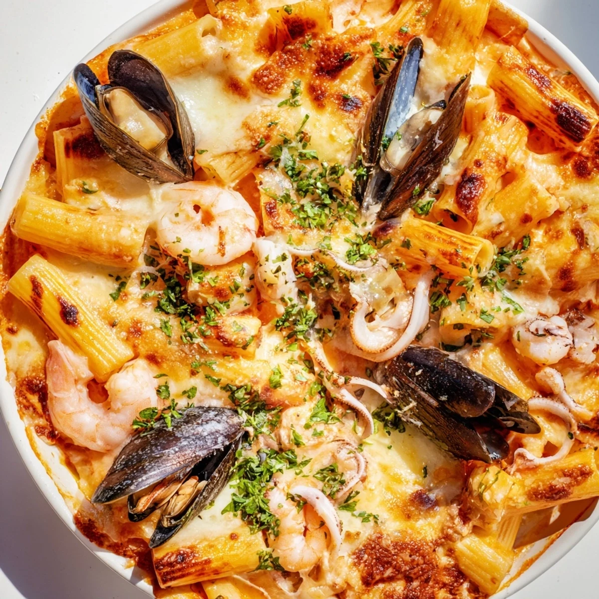 Close-up of a creamy seafood pasta bake featuring tender shrimp, mussels, and a rich tomato sauce.