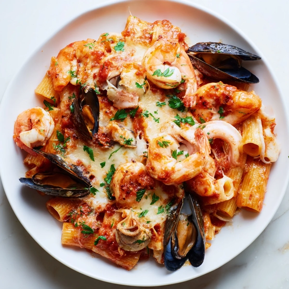 Tender seafood pasta bake