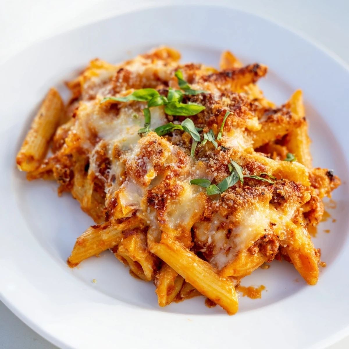 Cheesy, flavorful Baked Penne Arrabbiata: a warm, satisfying Italian dish ready to be served.
