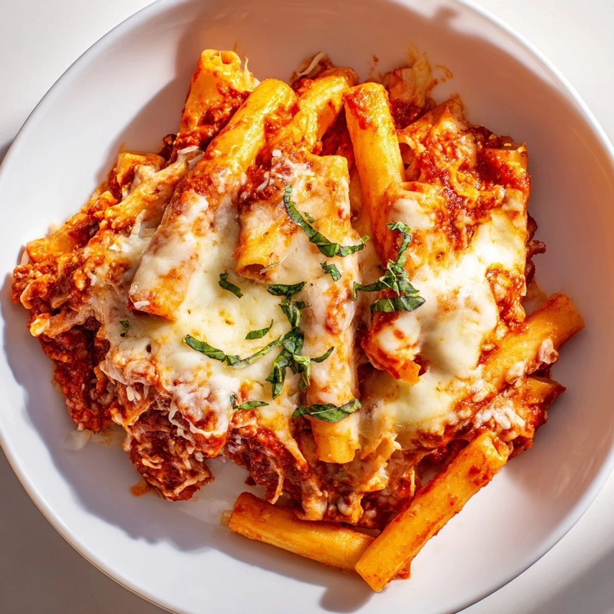 A warm, bubbly dish of Cheesy Baked Ziti, a comforting Italian-American family favorite.