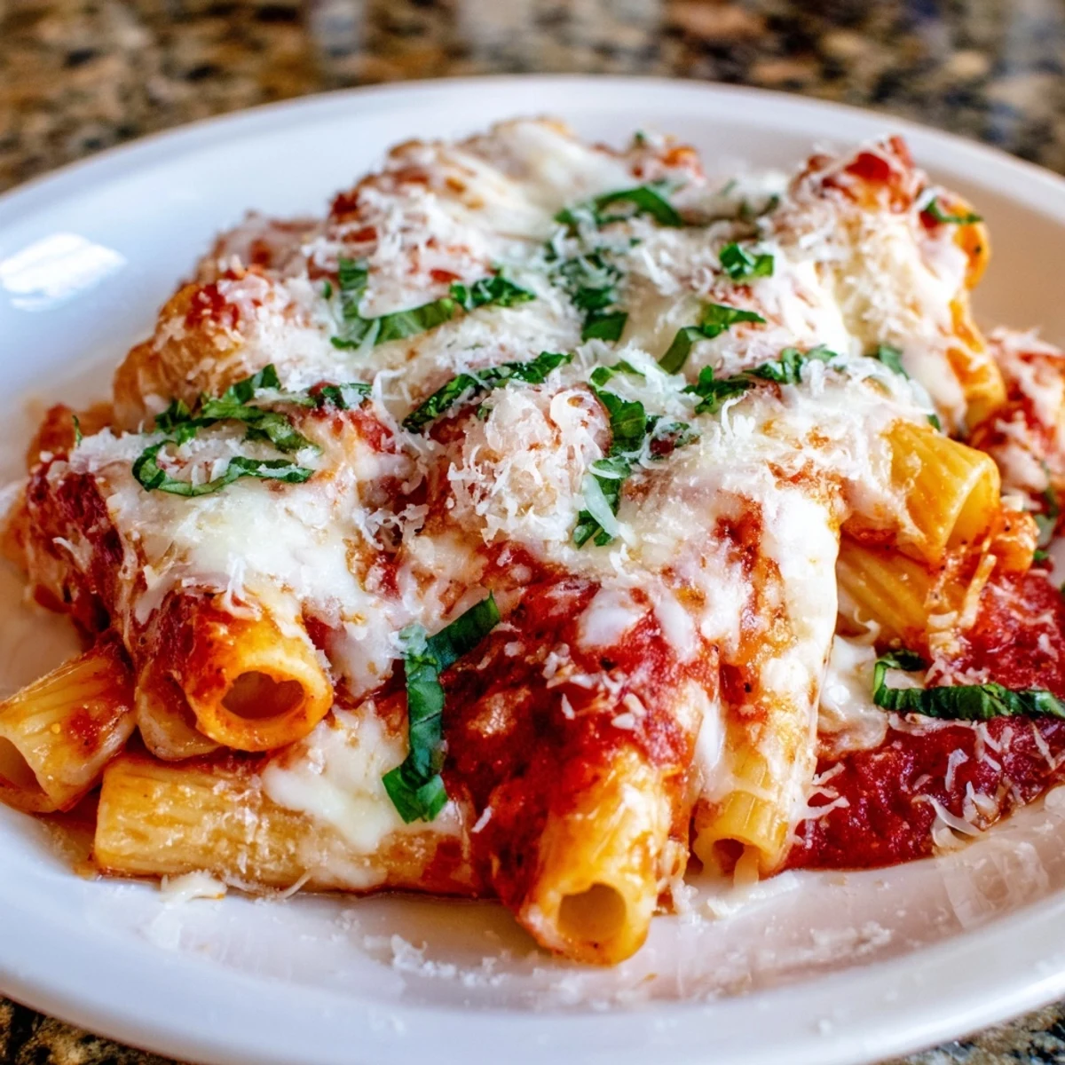 Gooey, cheesy layers of Cheesy Baked Ziti hot from the oven with fresh basil garnish.