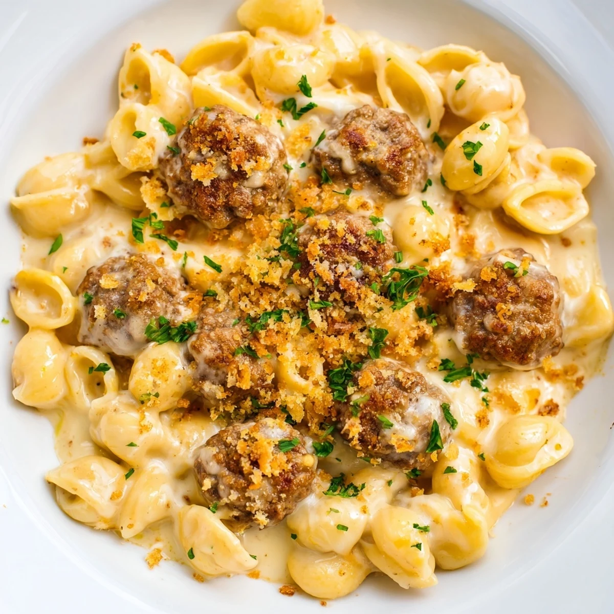 Golden-brown Mac & Cheese Meatball Bake, bubbling with cheese and topped with crispy panko.