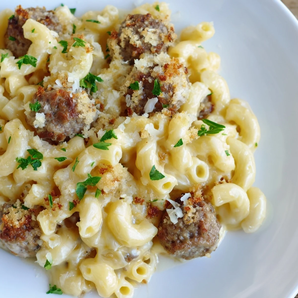 Creamy, cheesy layers beneath a golden crust: a delicious baked Mac & Cheese Meatball Bake.