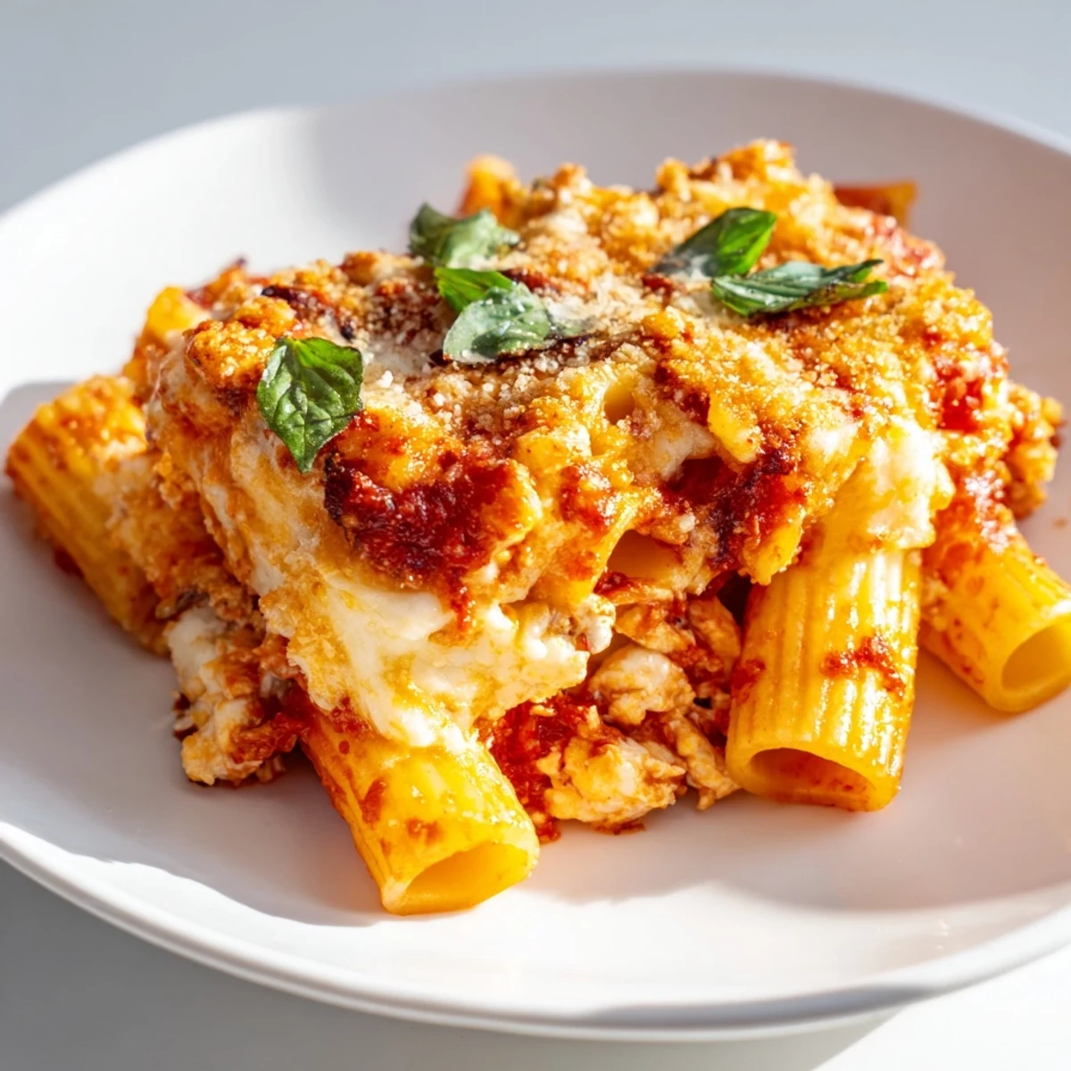 A close-up of a steaming bowl of Four Cheese Baked Pasta with melted cheese and herbs.