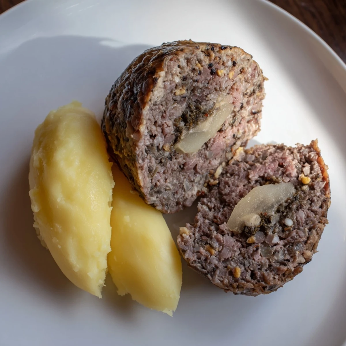 A close-up of a rustic plate of Scottish haggis, revealing its textures alongside turnips and potatoes.