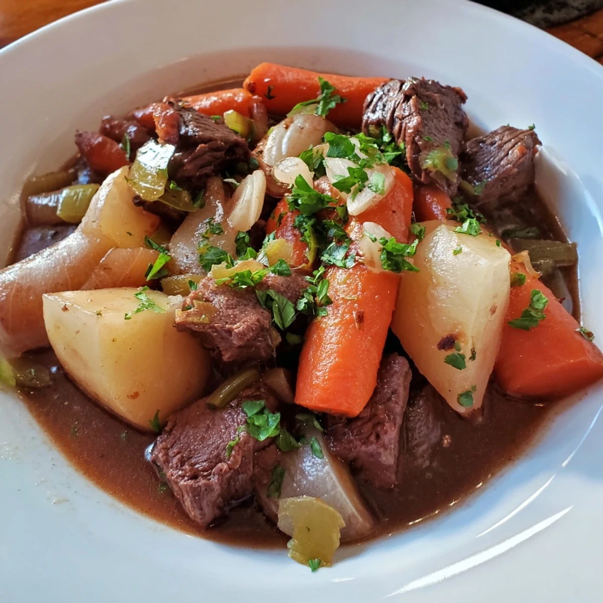 Tender chunks of beef and vegetables make the perfect, warm Irish Beef Stew for a cold evening.