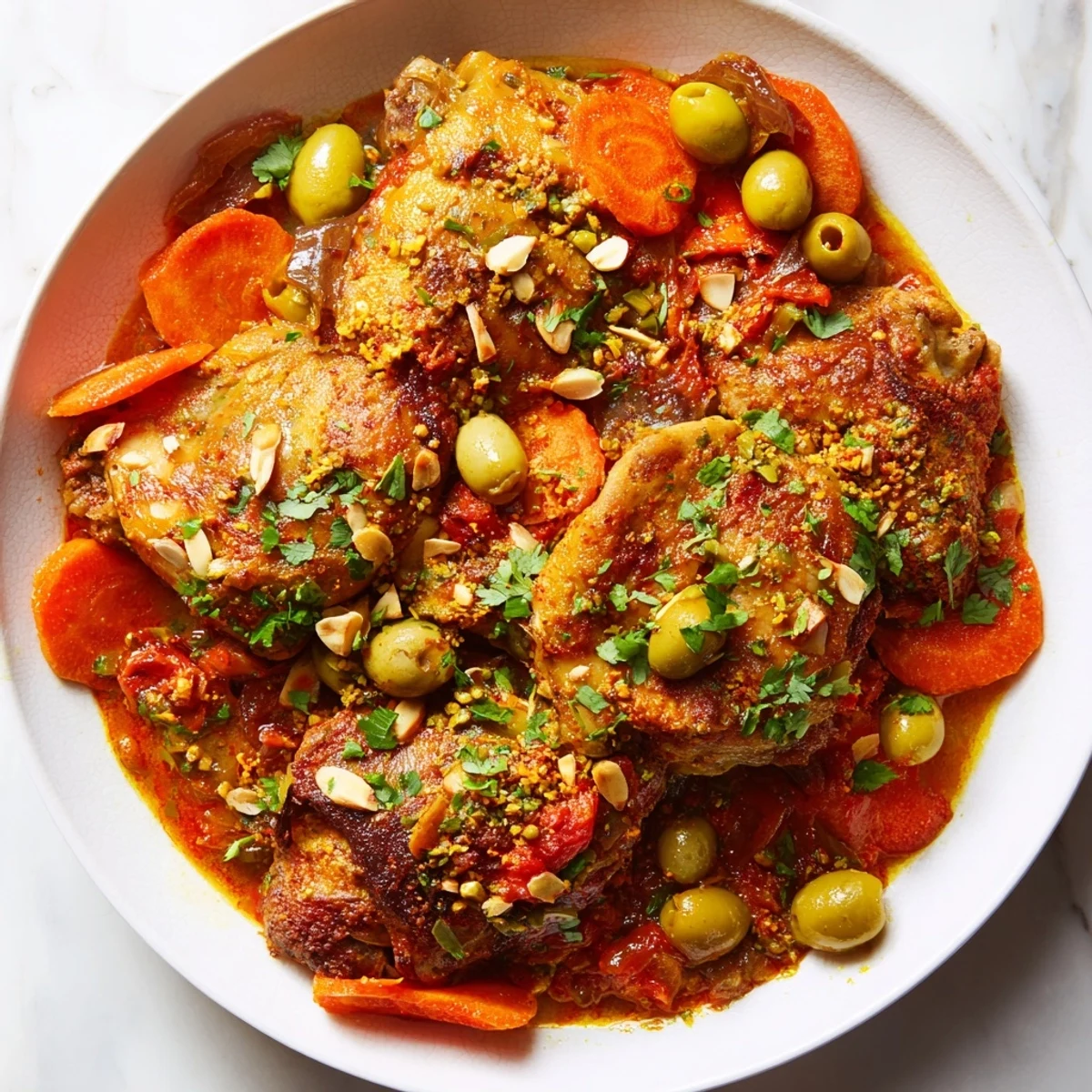 A close-up shot of slow-cooked Moroccan Tagine Chicken with visible apricots and a rich, spiced sauce.
