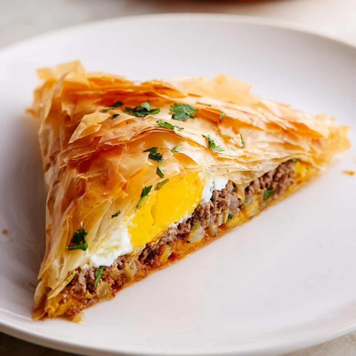 Freshly made Tunisian Brik Pastry, with a flaky phyllo exterior and the warm aroma of spices.