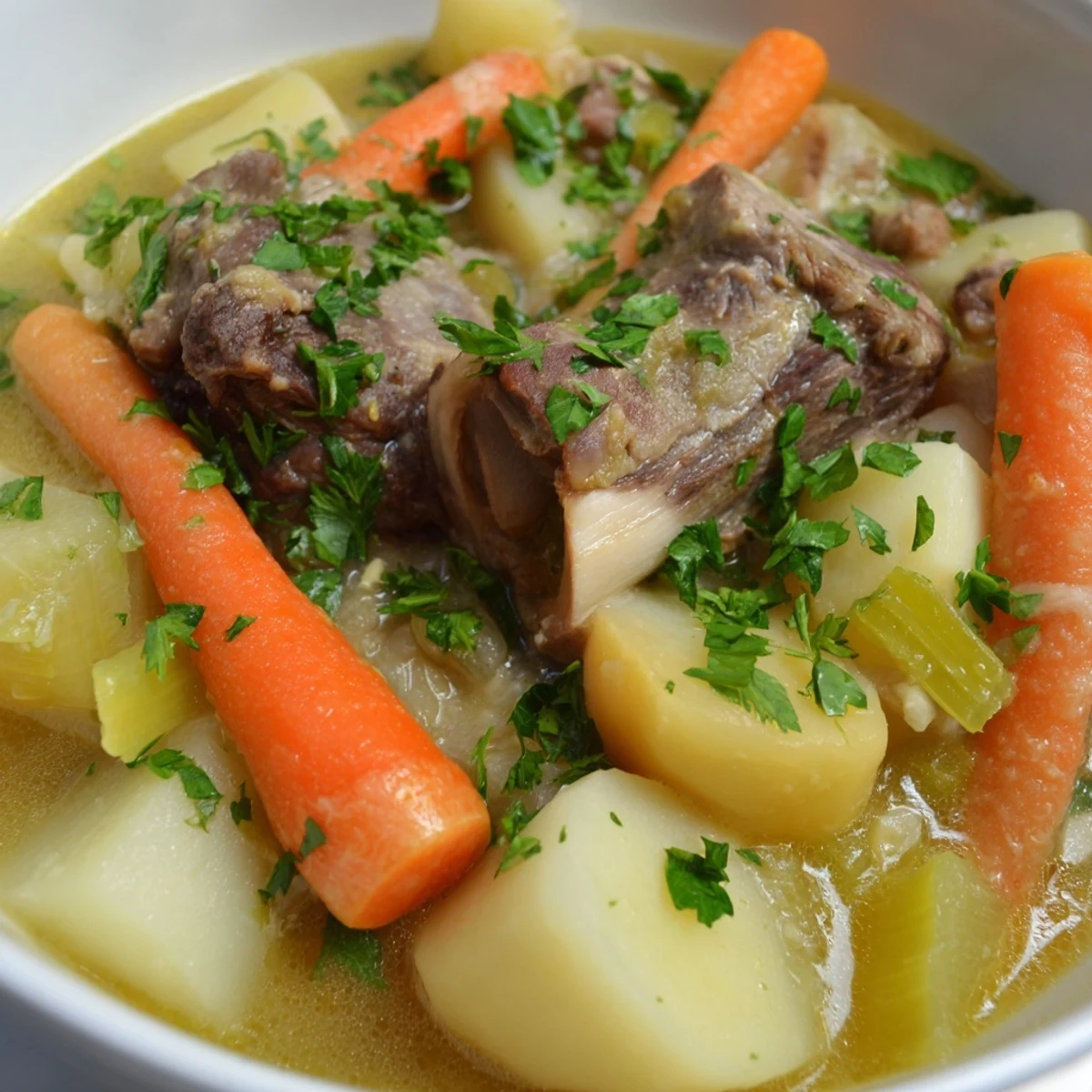 Steaming bowl of Welsh Cawl stew, showcasing tender lamb and root vegetables simmered perfectly.