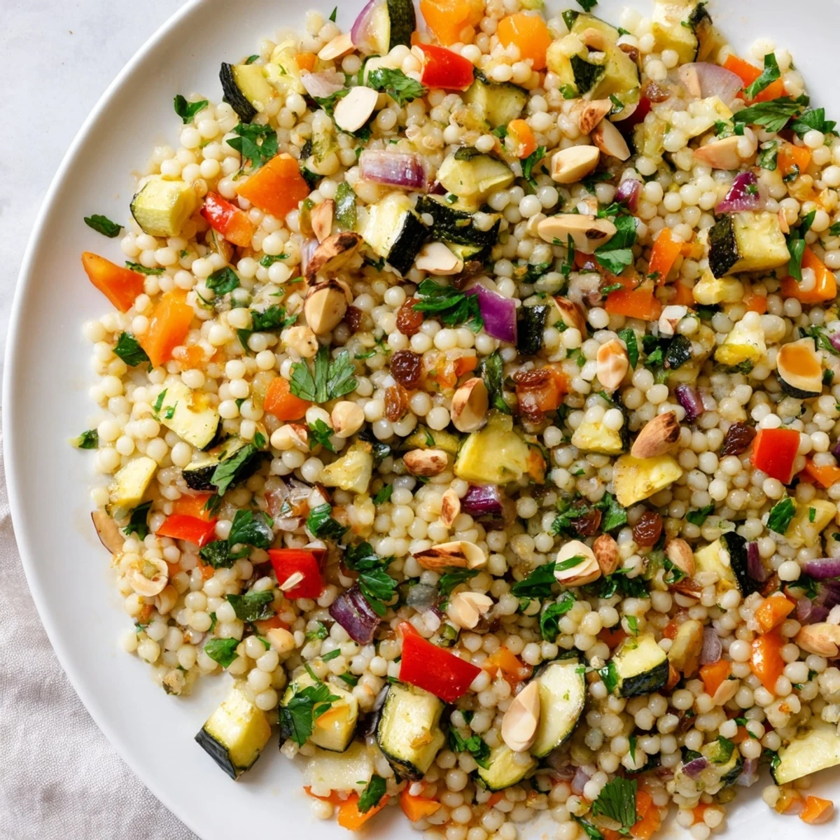 Fluffy Moroccan couscous salad with colorful roasted vegetables and fresh herbs, ready to serve.