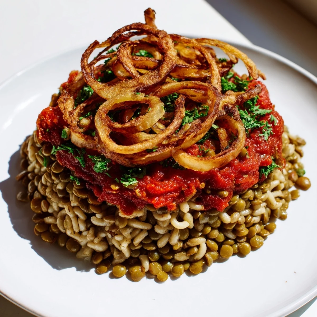 A close-up of steaming Egyptian Koshari, a flavorful mix of rice, lentils, and pasta with crispy onions.