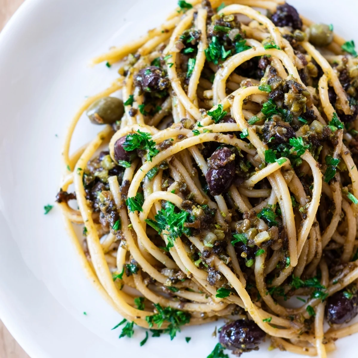 A close-up of Olive Tapenade Pasta, with al dente spaghetti coated in a chunky, dark green tapenade garnished with fresh parsley and lemon zest.  