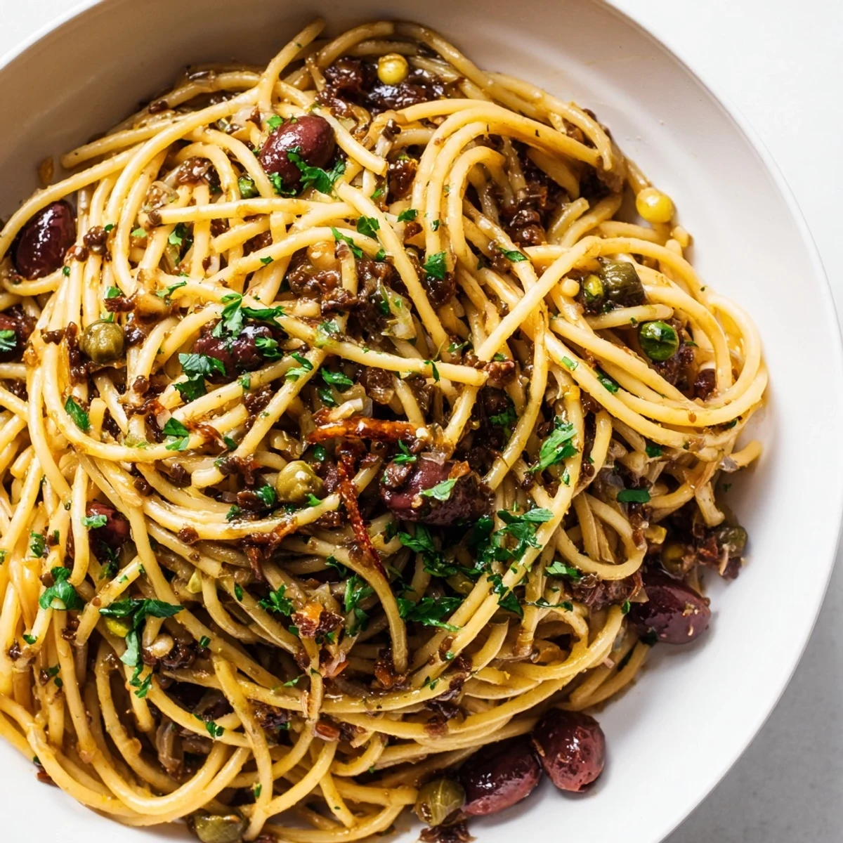 This Olive Tapenade Pasta features a glossy sauce with minced garlic and capers, tossed with linguine and ready to enjoy.