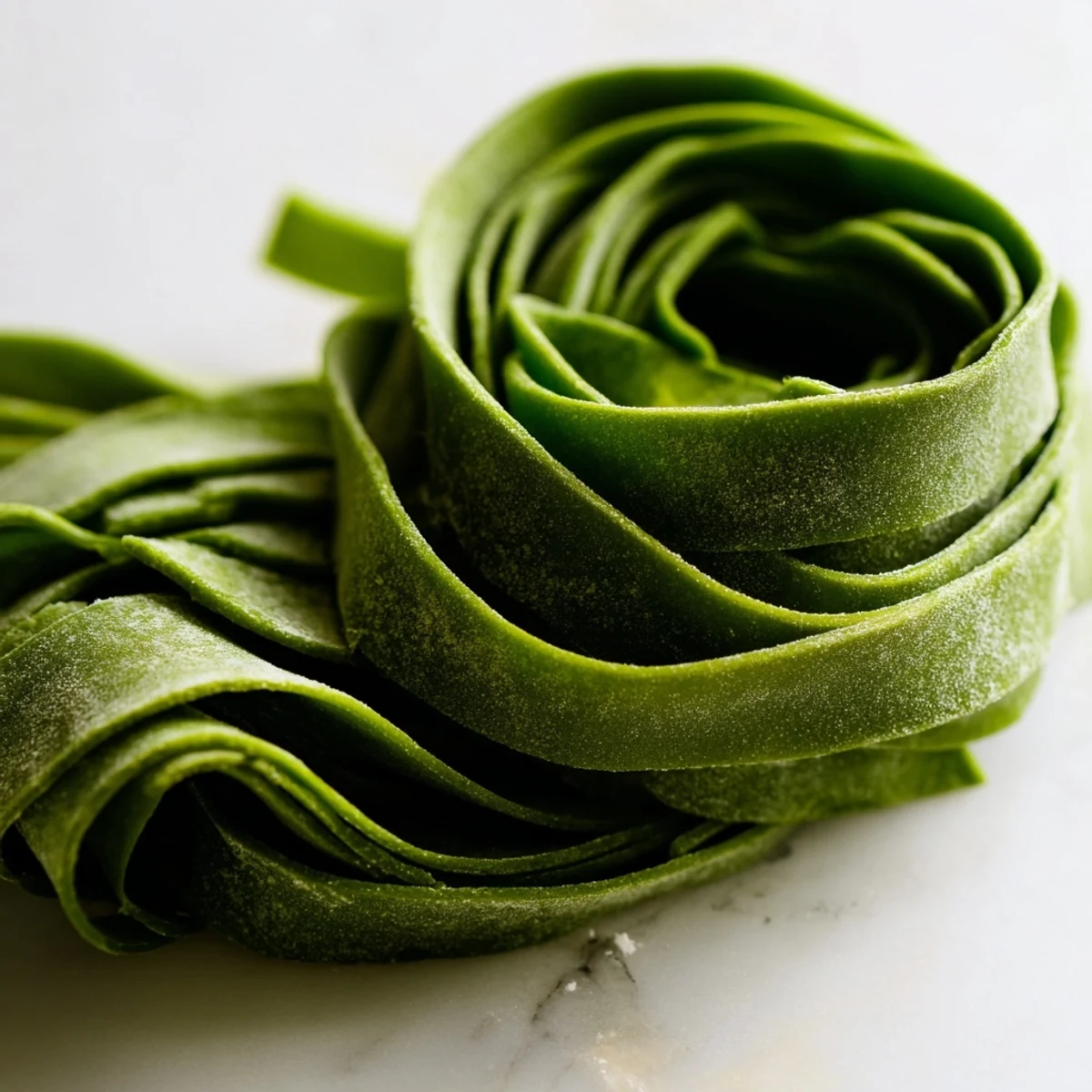 A close-up of vibrant green spinach pasta dough, rolled flat and ready for cutting into fettuccine on a floured surface.  