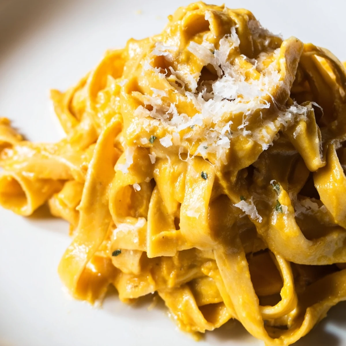 Creamy roasted butternut squash pasta twirls in a luscious sage-infused sauce, garnished with fresh parsley.  