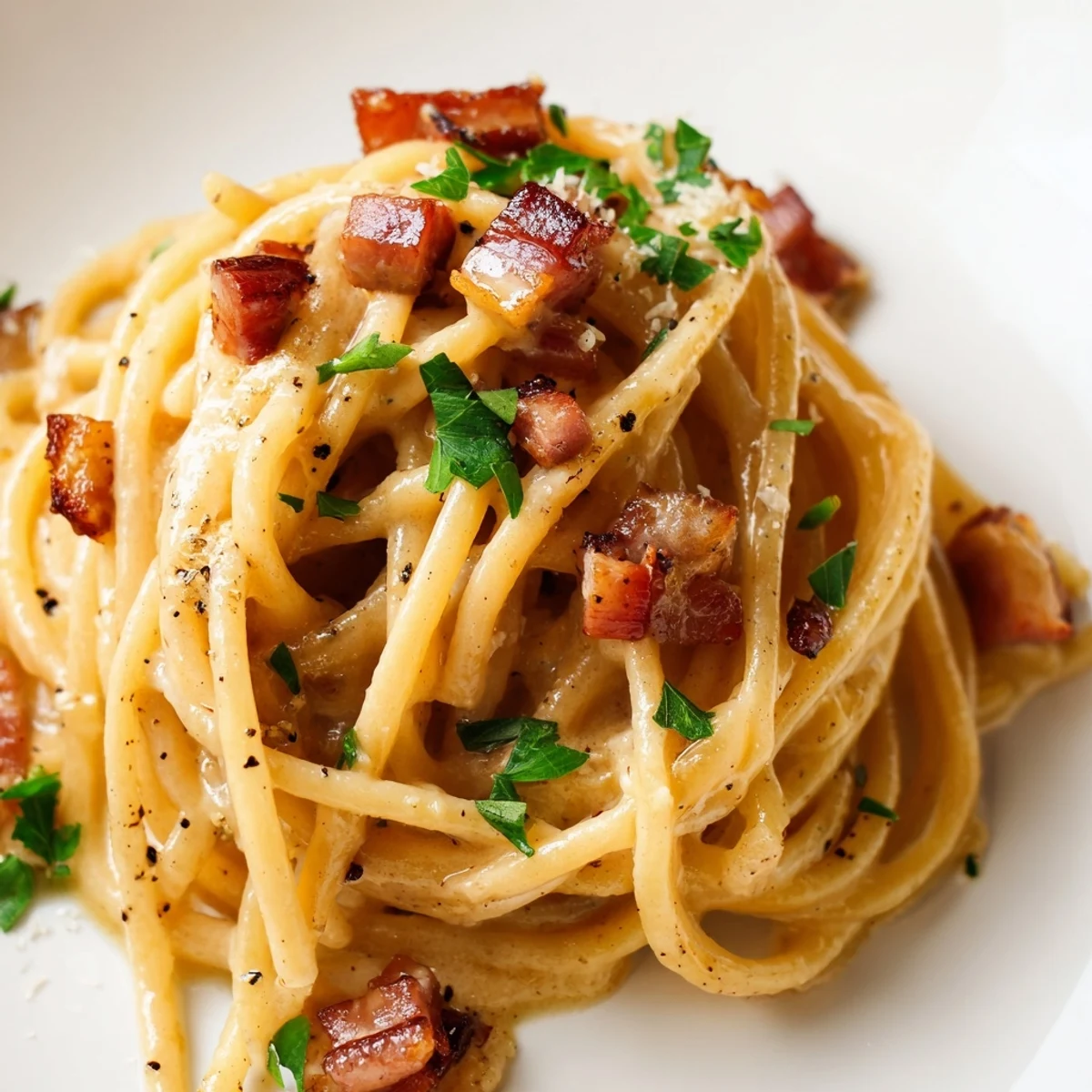 A close-up of crispy, golden bacon pieces tangled in al dente linguine with fresh parsley and grated Parmesan.  