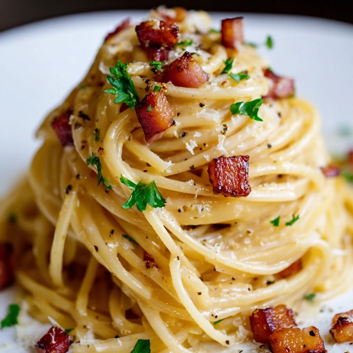 Serving suggestion for Crispy Bacon Linguine, garnished with lemon zest and extra Parmesan, paired with white wine.