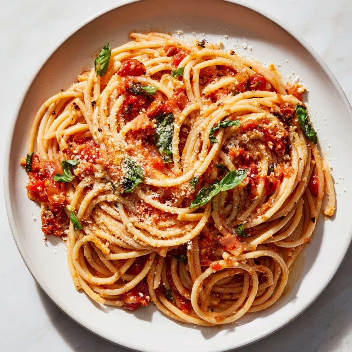 Tender roasted garlic cloves in a creamy pasta sauce, garnished with fresh basil and Parmesan, served over twirls of spaghetti.