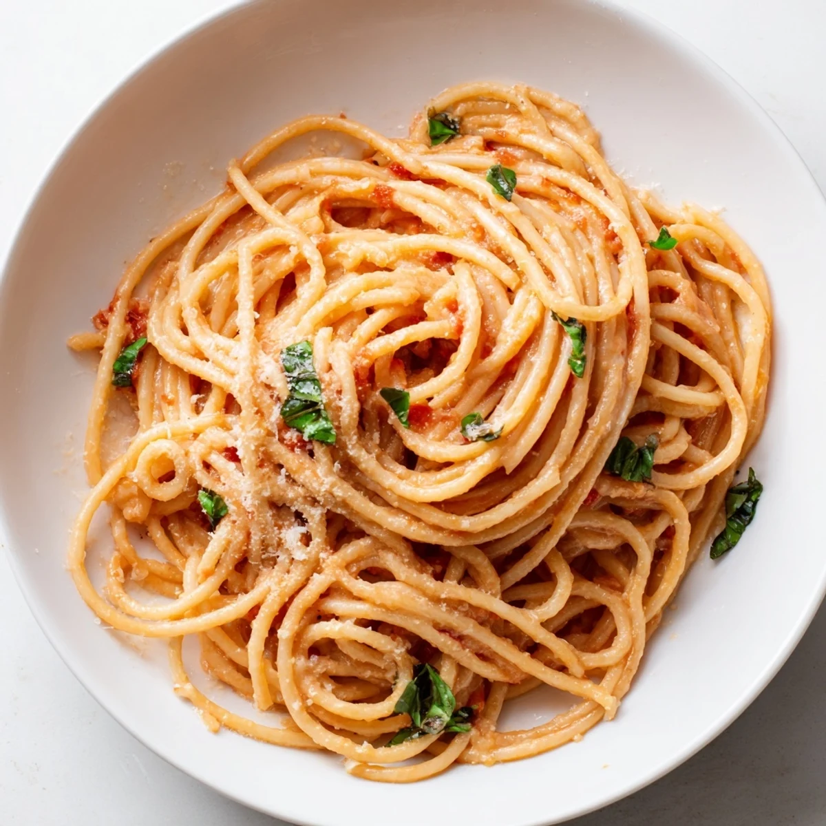 A comforting bowl of Roasted Garlic Pasta Sauce, featuring sweet garlic bulbs blended into a silky, velvety sauce with diced tomatoes.
