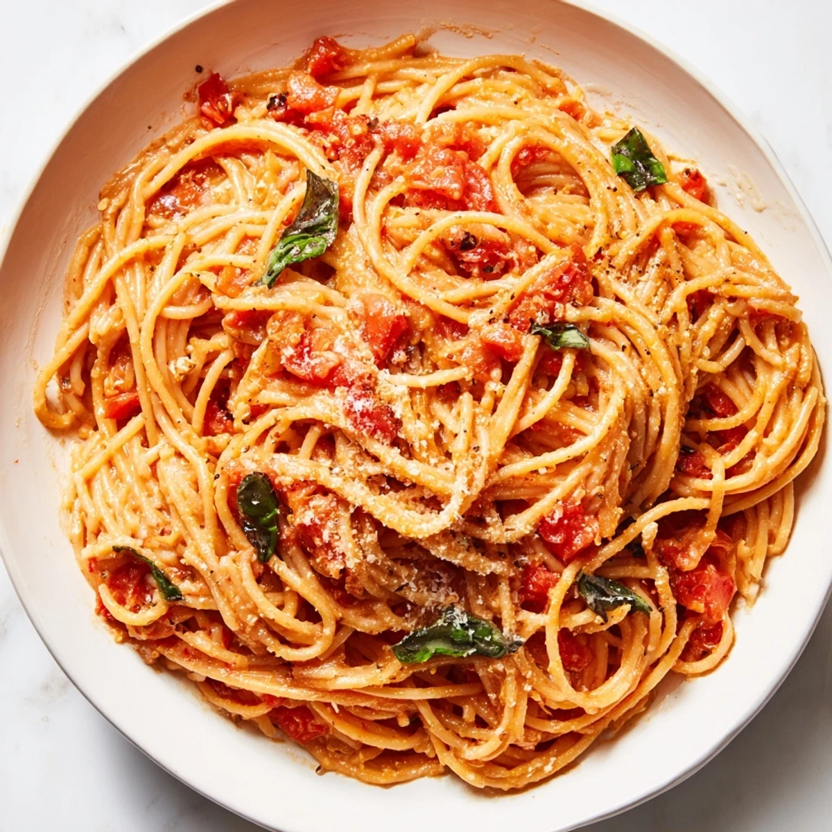 Homemade Roasted Garlic Pasta Sauce tossed with al dente linguine, topped with a drizzle of olive oil and cracked black pepper.