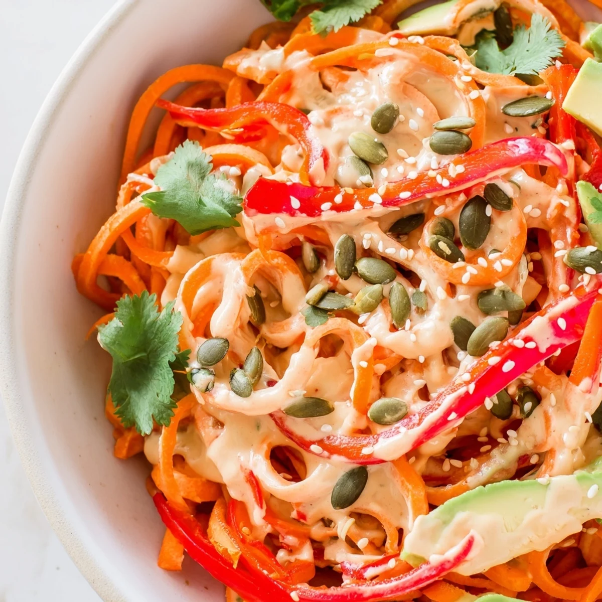 In two serving bowls, a colorful Carrot Noodle Skincare Bowl is garnished with sesame seeds and fresh cilantro, ready to enjoy immediately.