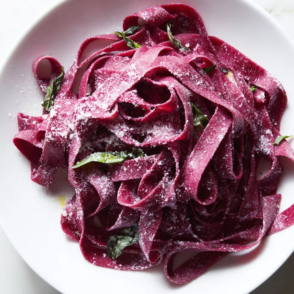 A close-up of homemade beet noodle pasta, showcasing its rich, earthy color and delicate texture on a rustic wooden surface.