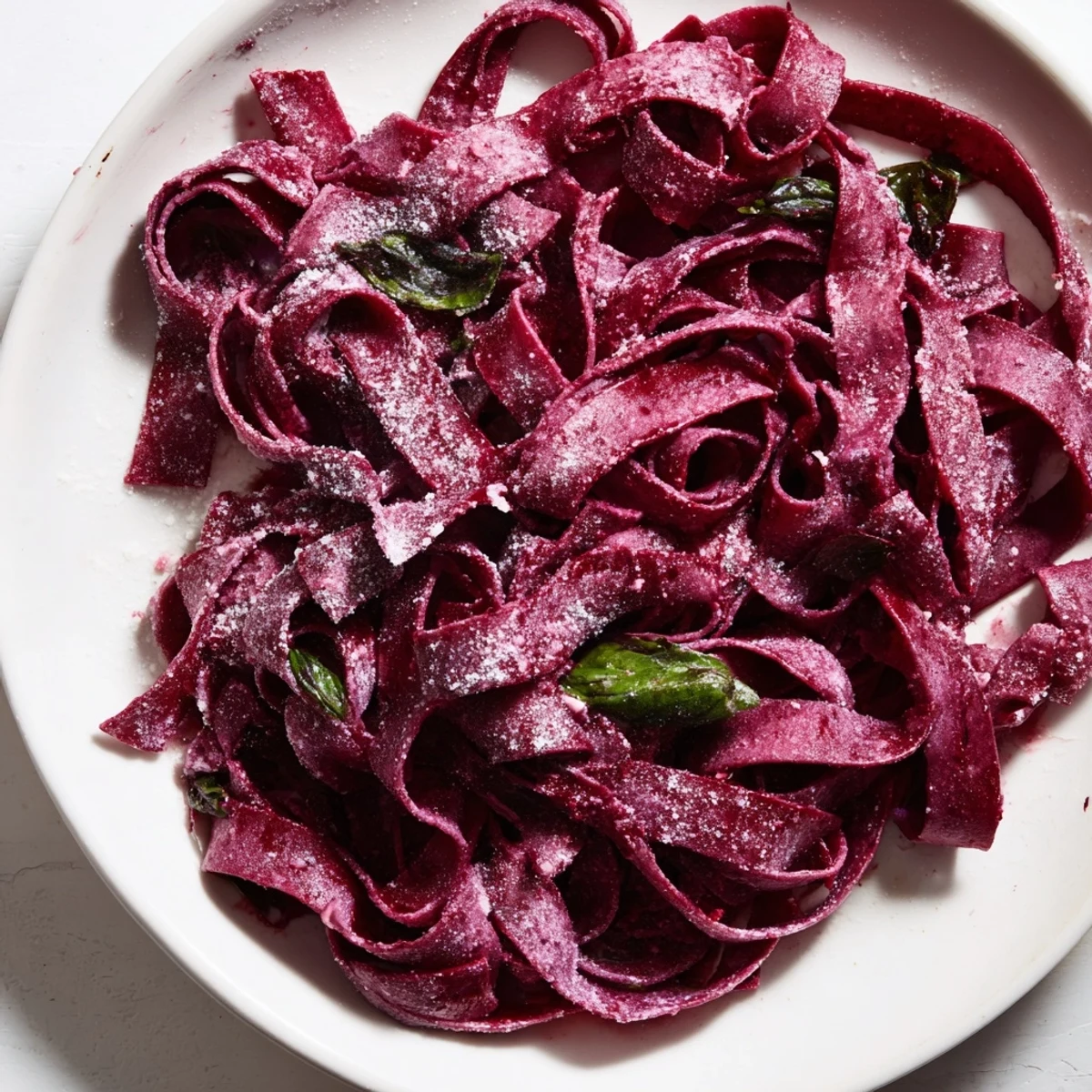 Beet noodle pasta arranged in a nest, topped with a sprinkle of grated Parmesan and basil for a delicious vegetarian meal.