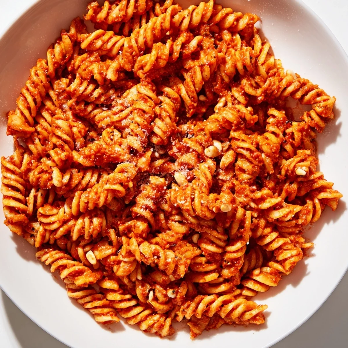 A close-up of Sun-Dried Tomato Pesto Pasta twirled on a fork, showcasing the rich, vibrant red sauce and fresh basil garnish.  