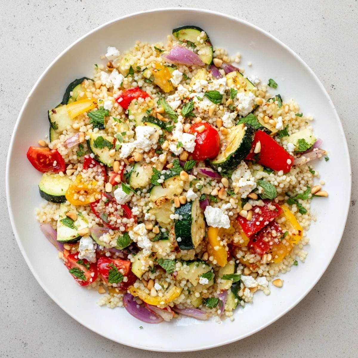 A serving of Roasted Veggie Couscous Salad topped with feta, fresh herbs, and toasted pine nuts.