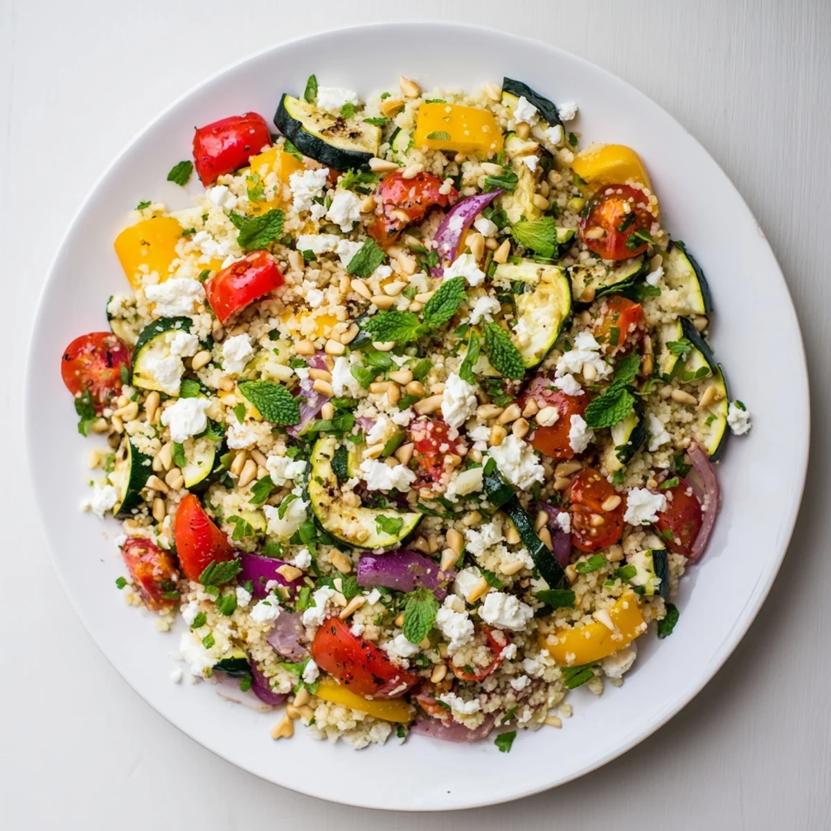 Warm Roasted Veggie Couscous Salad plated as a light main dish, garnished with parsley and mint.