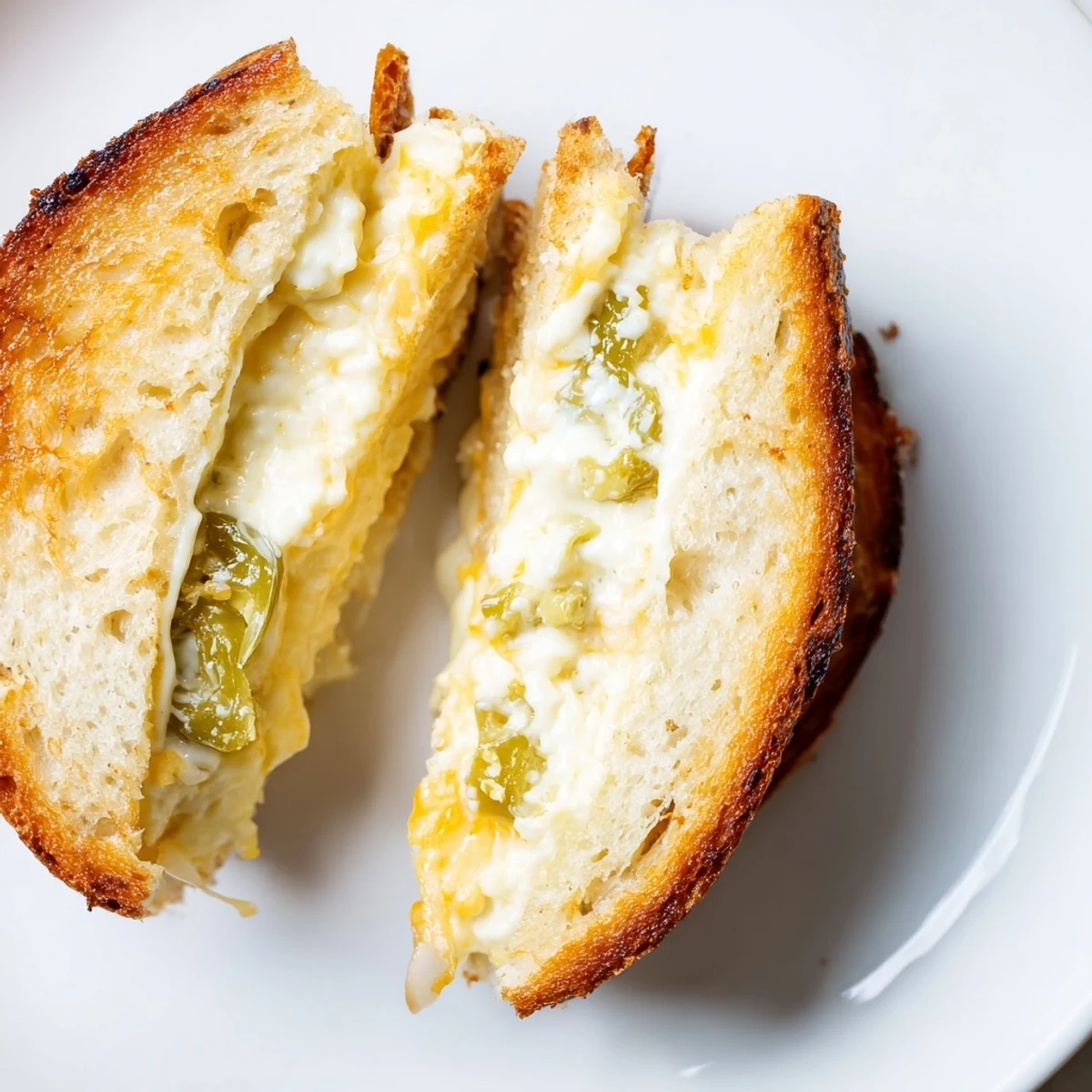 Golden, buttery sourdough slices sandwich a creamy, spicy blend of cream cheese, sharp cheddar, and finely chopped jalapeños in this grilled cheese.