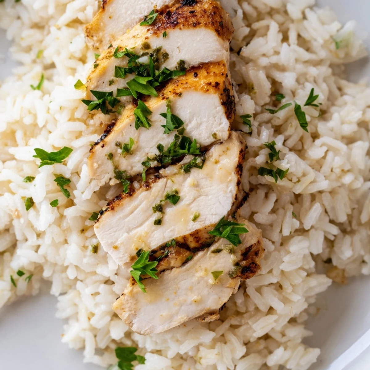 A close-up of succulent chicken breast atop tender rice infused with rich garlic butter and finely chopped onion.