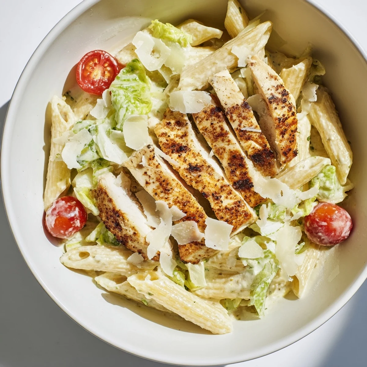 Vibrant bowl of Spicy Chicken Caesar Pasta with grilled chicken, creamy Caesar dressing, and crisp romaine.  