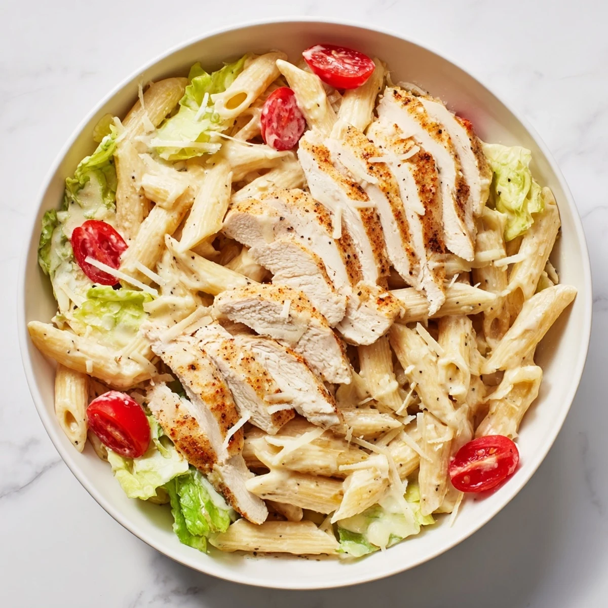 Sizzling grilled chicken slices over fresh Spicy Chicken Caesar Pasta with lemon wedges and parsley garnish.