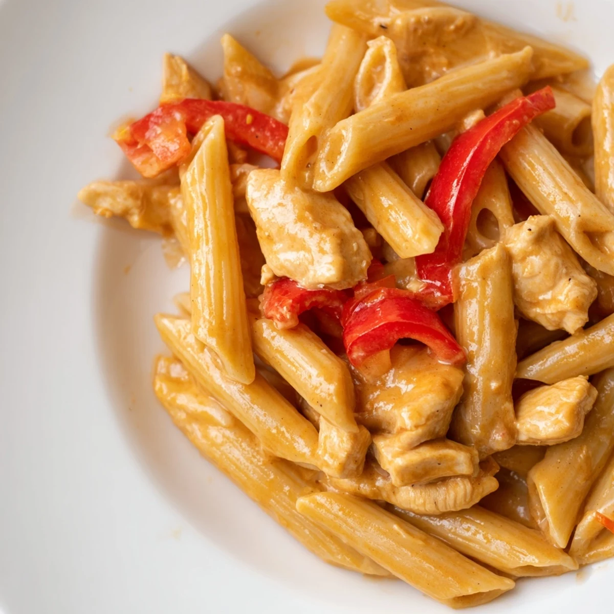 Tender chicken and fusilli pasta coated in a glossy sweet chili sauce with red bell peppers and spring onions.