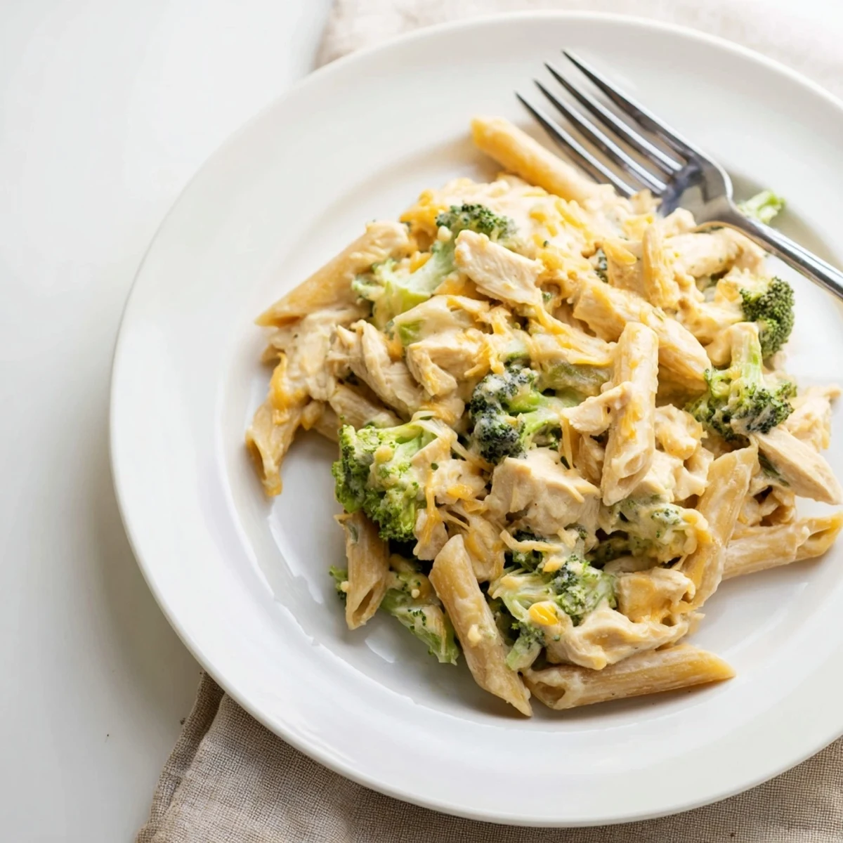 Creamy Chicken Broccoli Cheddar Pasta is served warm in a skillet, featuring tender chicken, bright green broccoli, and melted cheddar sauce.  