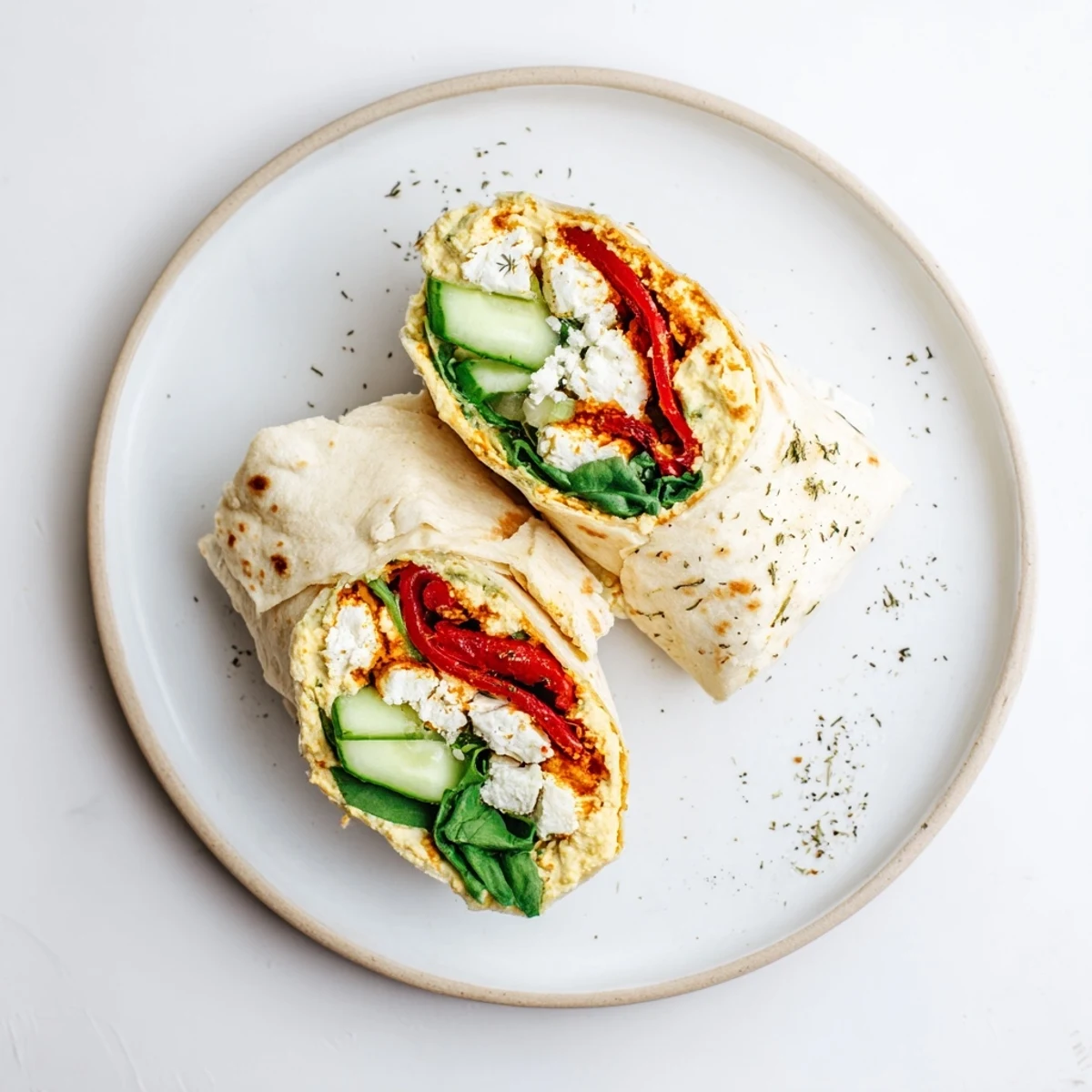 A close-up of a Mediterranean Veggie Wrap sliced in half, revealing layers of creamy hummus, roasted red peppers, and feta cheese on fresh spinach.  