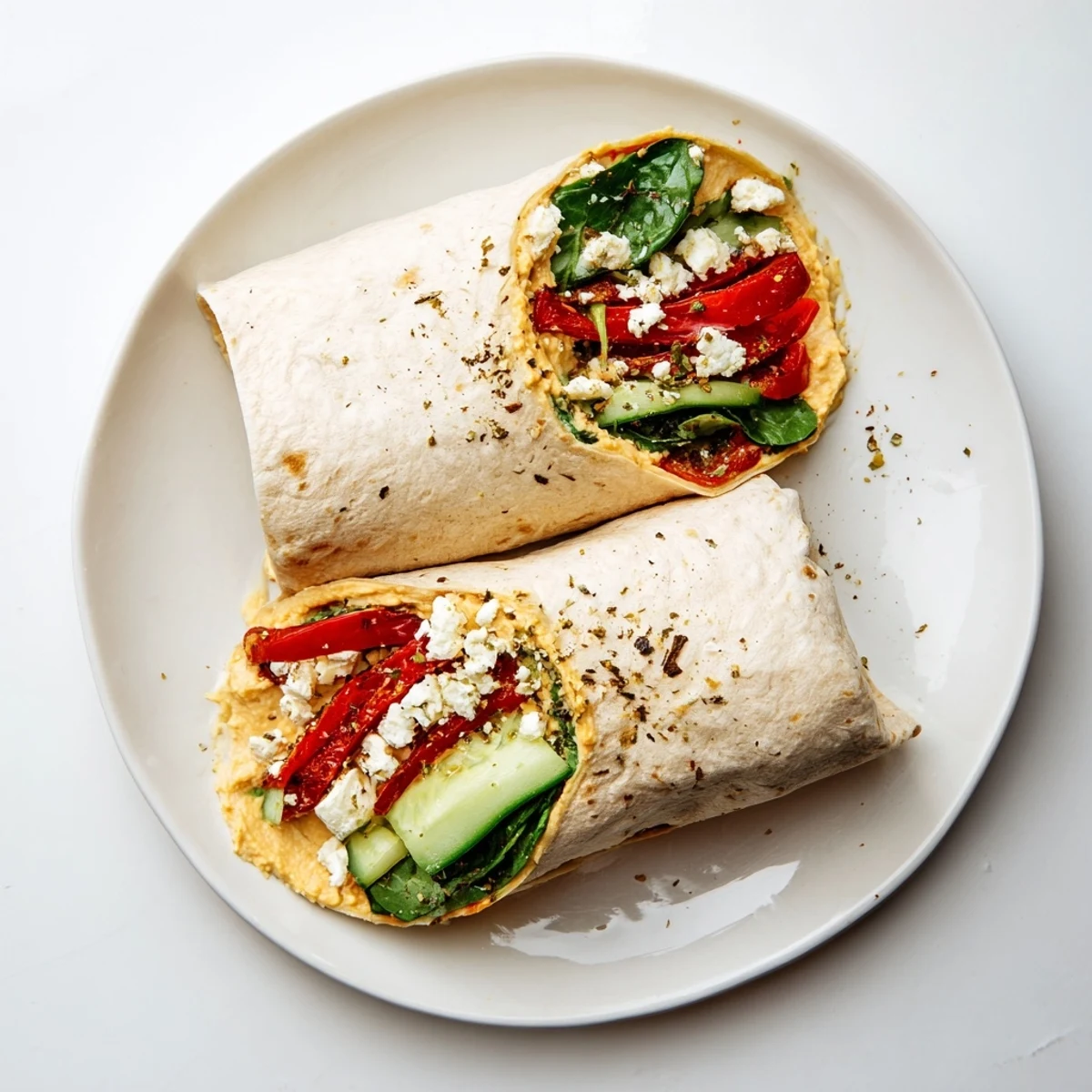 Freshly rolled Mediterranean Veggie Wrap with vibrant red peppers, crumbled feta, and crisp spinach leaves visible on a soft tortilla.  