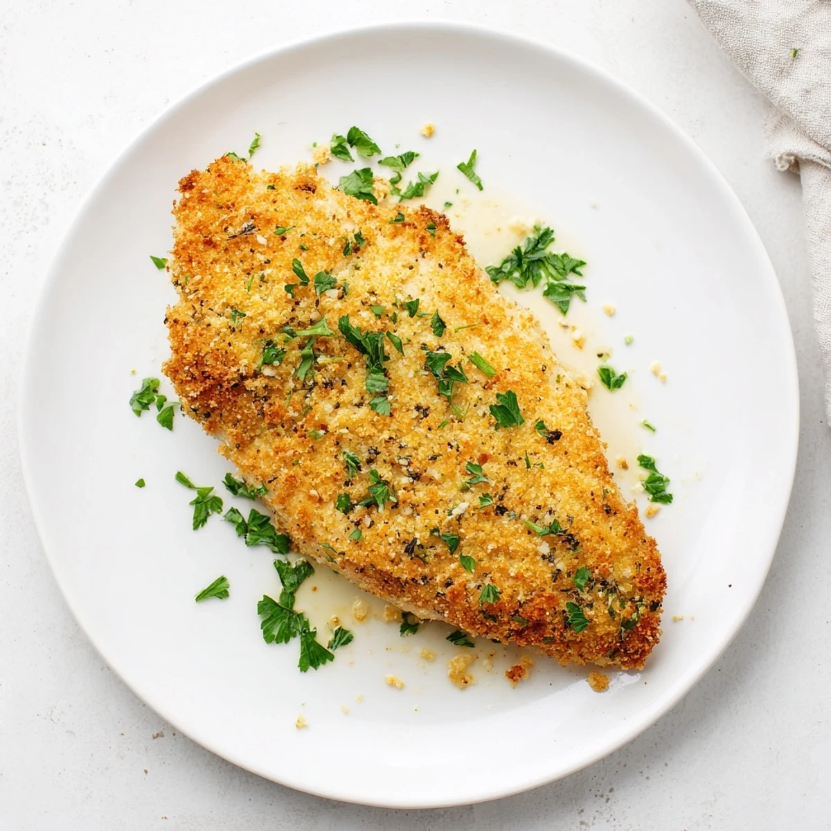 Golden-brown Roasted Garlic Parmesan Chicken fresh from the oven, featuring a crispy, herb-infused crust on tender breasts served alongside roasted vegetables.
