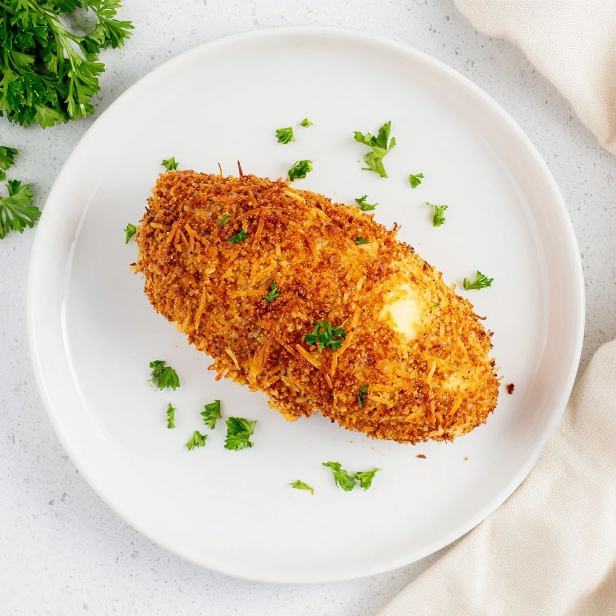 Close-up shot of juicy Roasted Garlic Parmesan Chicken, highlighting the golden, crunchy breadcrumb topping and melted cheese on a warm baking sheet.